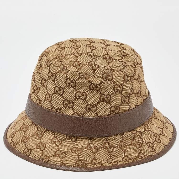 Pre Owned Gucci Brown GG Monogram Leather Trim Canvas Bucket Hat L