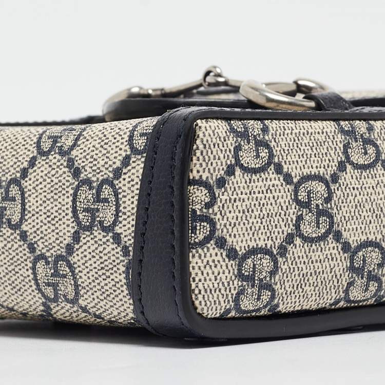 Pre Owned Gucci Beige/Navy Blue GG Supreme Canvas and Leather Mini Horsebit 1955 Crossbody Bag