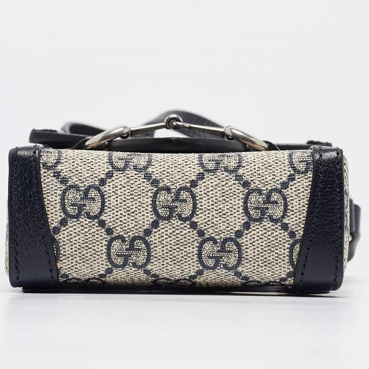 Pre Owned Gucci Beige/Navy Blue GG Supreme Canvas and Leather Mini Horsebit 1955 Crossbody Bag