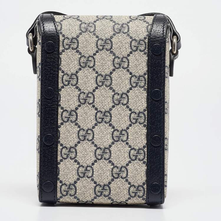 Pre Owned Gucci Beige/Navy Blue GG Supreme Canvas and Leather Mini Horsebit 1955 Crossbody Bag