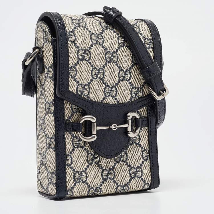 Pre Owned Gucci Beige/Navy Blue GG Supreme Canvas and Leather Mini Horsebit 1955 Crossbody Bag