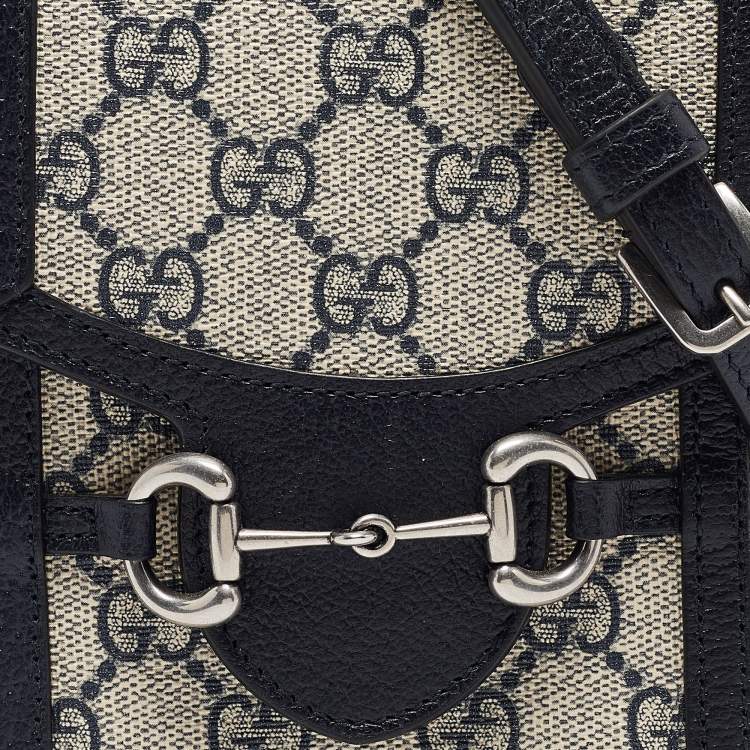 Pre Owned Gucci Beige/Navy Blue GG Supreme Canvas and Leather Mini Horsebit 1955 Crossbody Bag