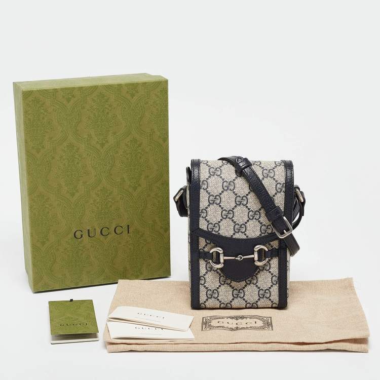 Pre Owned Gucci Beige/Navy Blue GG Supreme Canvas and Leather Mini Horsebit 1955 Crossbody Bag