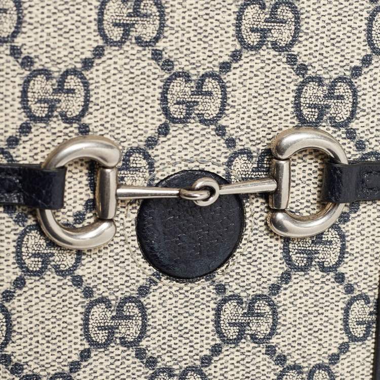 Pre Owned Gucci Beige/Navy Blue GG Supreme Canvas and Leather Mini Horsebit 1955 Crossbody Bag