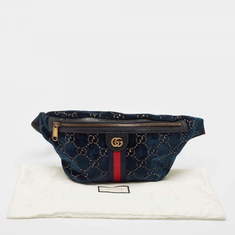 Pre Owned Gucci Blue GG Velvet and Leather Web Belt Bag