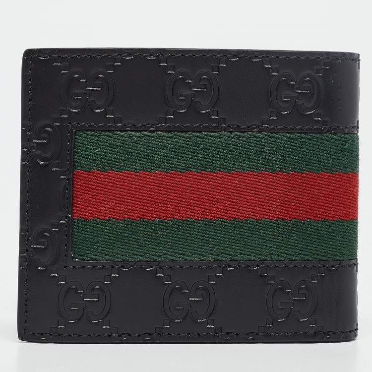 Pre Owned Gucci Black Guccissima Leather Web Bifold Wallet