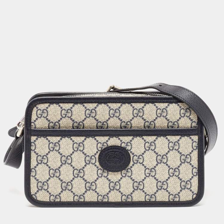Pre Owned Gucci Beige/Blue GG Supreme Canvas and Leather Mini Interlocking G Shoulder Bag