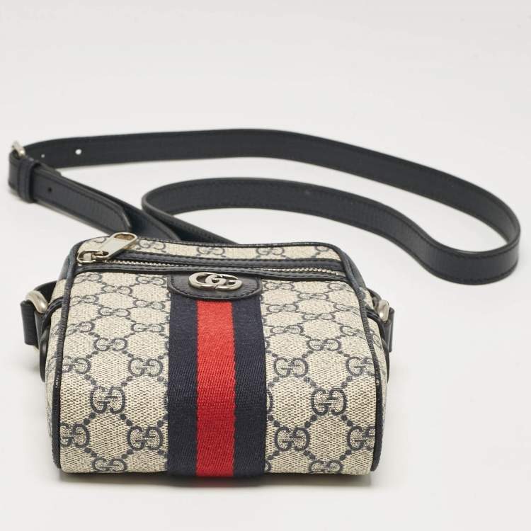 Pre Owned Gucci Beige/Navy Blue GG Supreme Canvas and Leather Ophidia Shoulder Bag