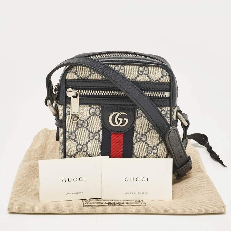 Pre Owned Gucci Beige/Navy Blue GG Supreme Canvas and Leather Ophidia Shoulder Bag