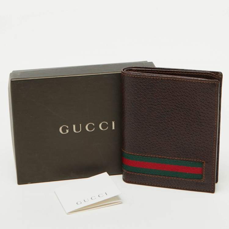 Pre Owned Gucci Dark Brown Leather Web Detail Card Case