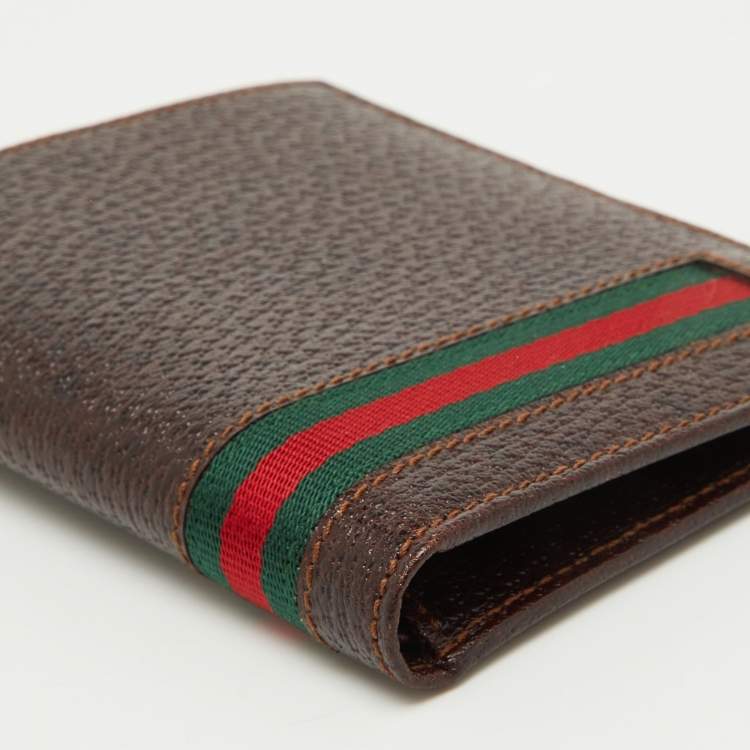 Pre Owned Gucci Dark Brown Leather Web Detail Card Case