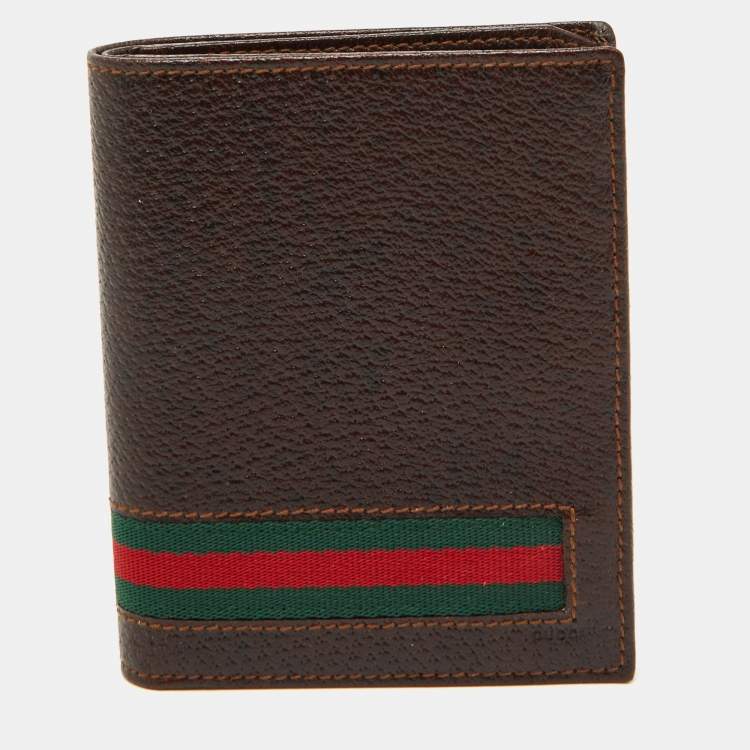 Pre Owned Gucci Dark Brown Leather Web Detail Card Case