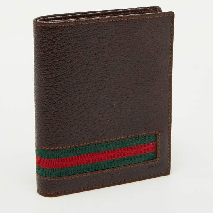 Pre Owned Gucci Dark Brown Leather Web Detail Card Case