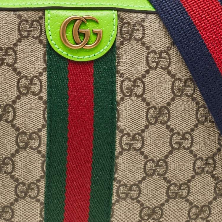 Pre Owned Gucci Beige/Green GG Supreme Canvas and Leather Ophidia Small Crossbody Bag
