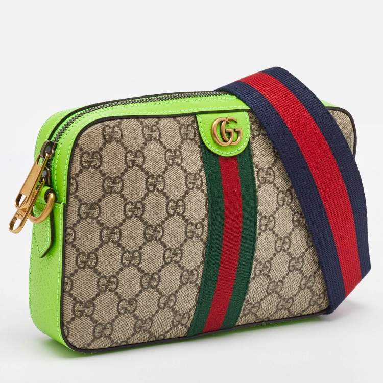 Pre Owned Gucci Beige/Green GG Supreme Canvas and Leather Ophidia Small Crossbody Bag