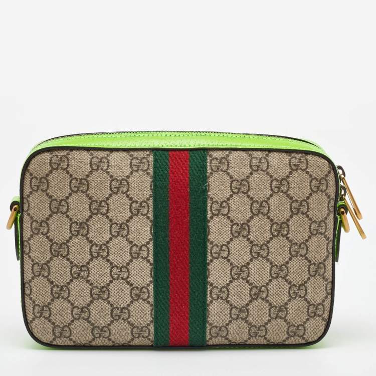 Pre Owned Gucci Beige/Green GG Supreme Canvas and Leather Ophidia Small Crossbody Bag