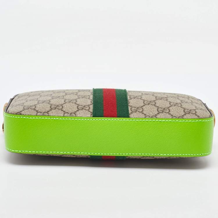 Pre Owned Gucci Beige/Green GG Supreme Canvas and Leather Ophidia Small Crossbody Bag