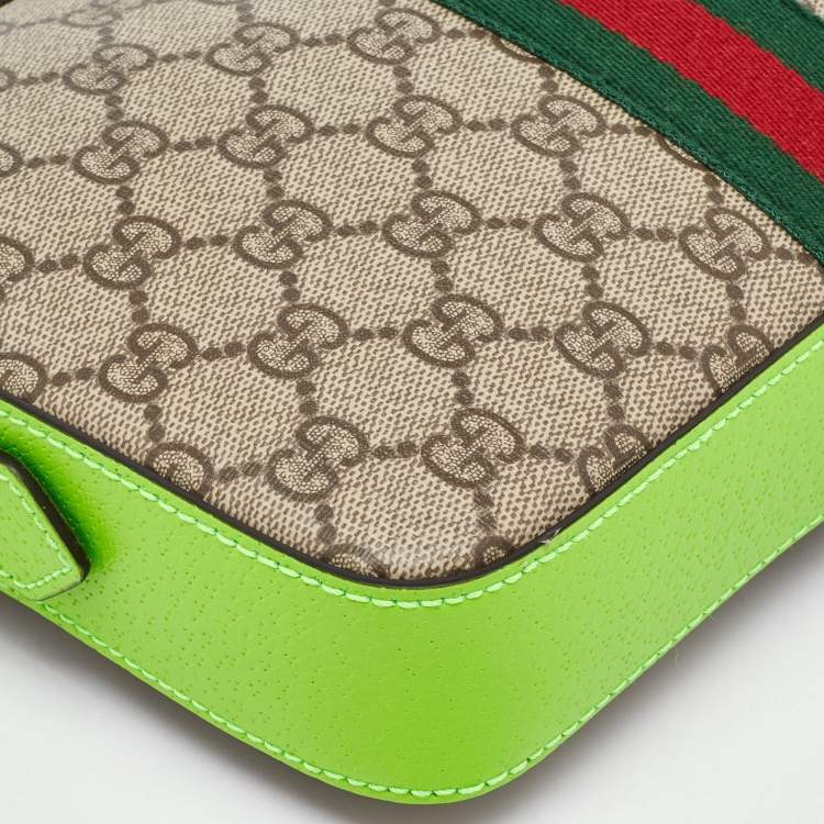Pre Owned Gucci Beige/Green GG Supreme Canvas and Leather Ophidia Small Crossbody Bag
