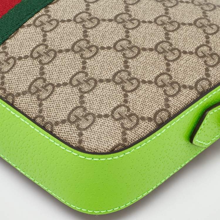 Pre Owned Gucci Beige/Green GG Supreme Canvas and Leather Ophidia Small Crossbody Bag