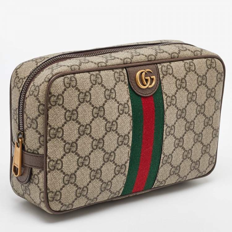 Pre Owned Gucci Beige/Brown GG Supreme Canvas and Leather Ophidia Toiletry Case