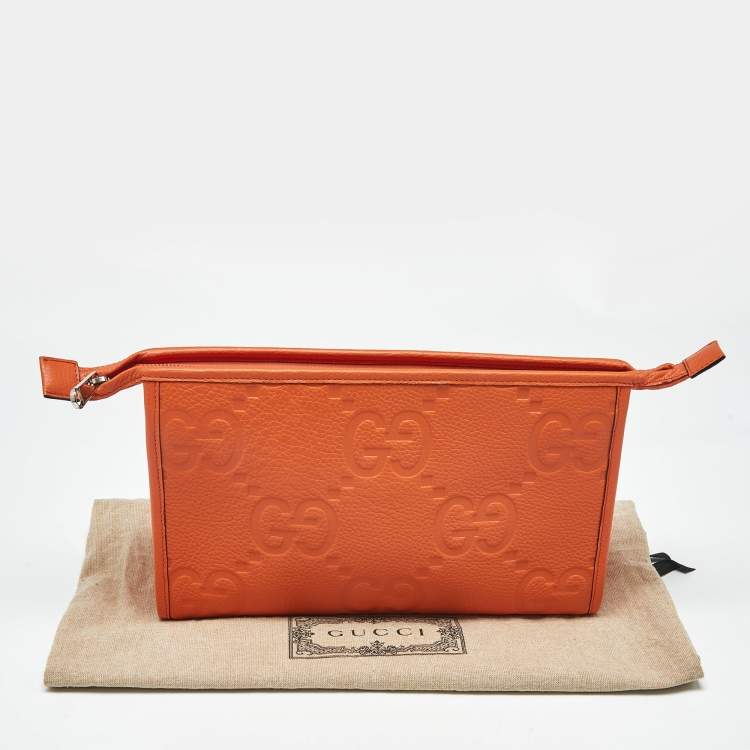 Pre Owned Gucci Neon Orange Jumbo GG Leather Medium Pouch