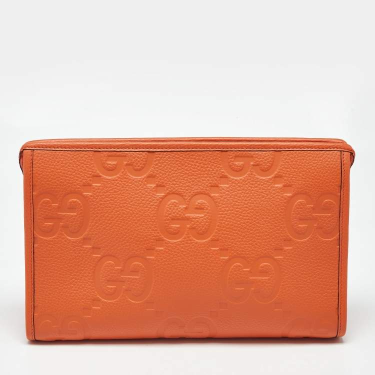 Pre Owned Gucci Neon Orange Jumbo GG Leather Medium Pouch