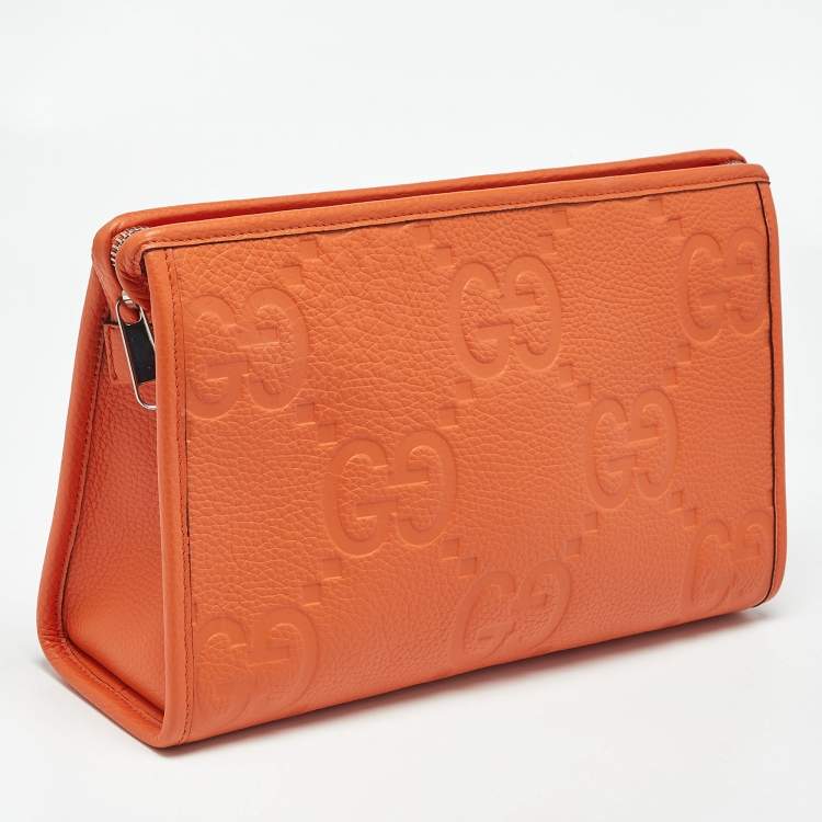 Pre Owned Gucci Neon Orange Jumbo GG Leather Medium Pouch