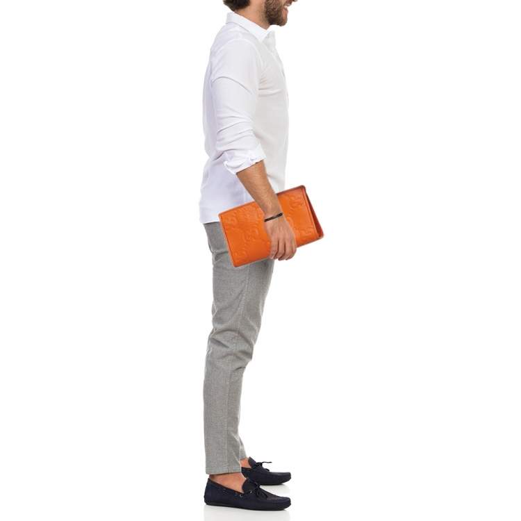 Pre Owned Gucci Neon Orange Jumbo GG Leather Medium Pouch