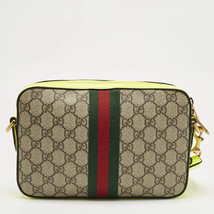 Pre Owned Gucci Neon Green/Beie GG Supreme Canvas and Leather Ophidia Crossbody Bag