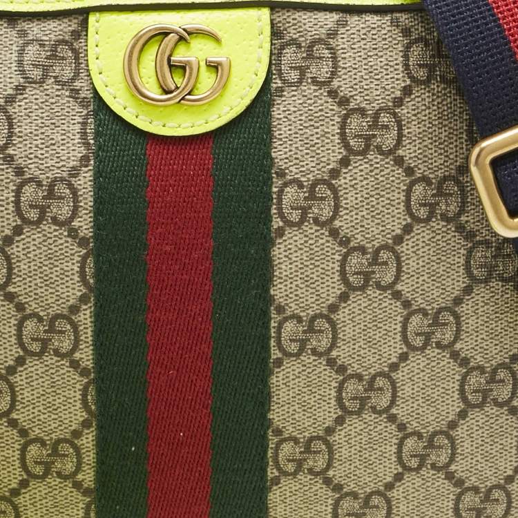 Pre Owned Gucci Neon Green/Beie GG Supreme Canvas and Leather Ophidia Crossbody Bag