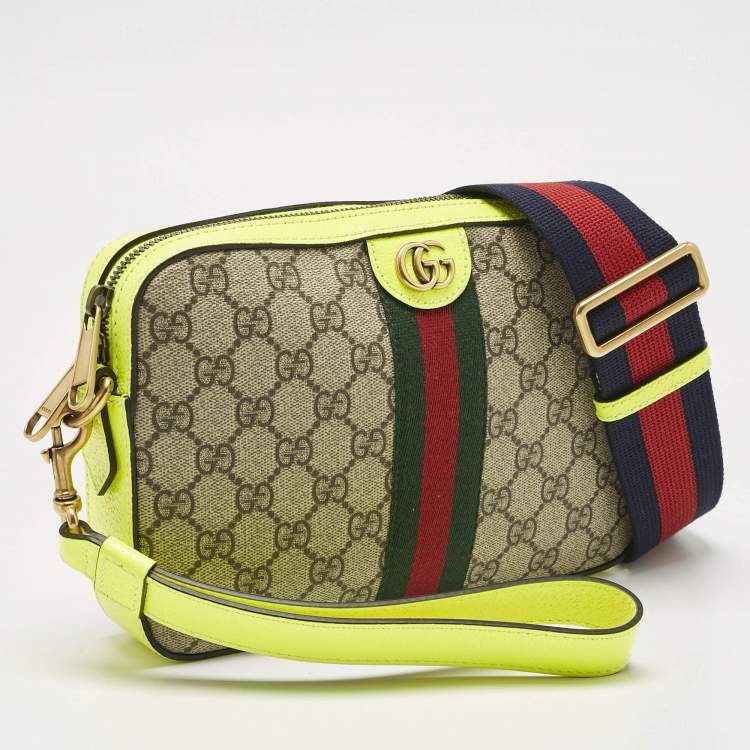Pre Owned Gucci Neon Green/Beie GG Supreme Canvas and Leather Ophidia Crossbody Bag