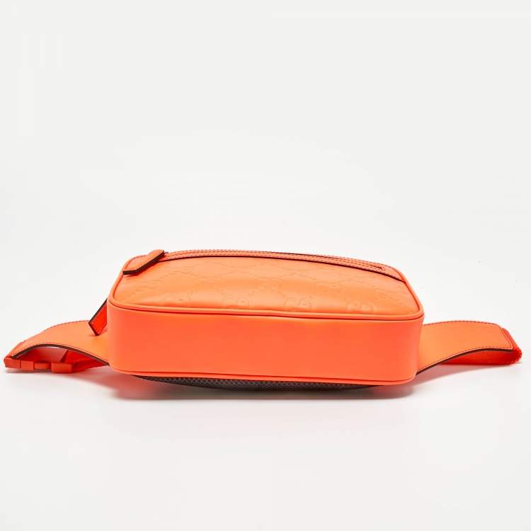 Pre Owned Gucci Neon Orange Rubber Effect Guccissima Leather Small Belt Bag