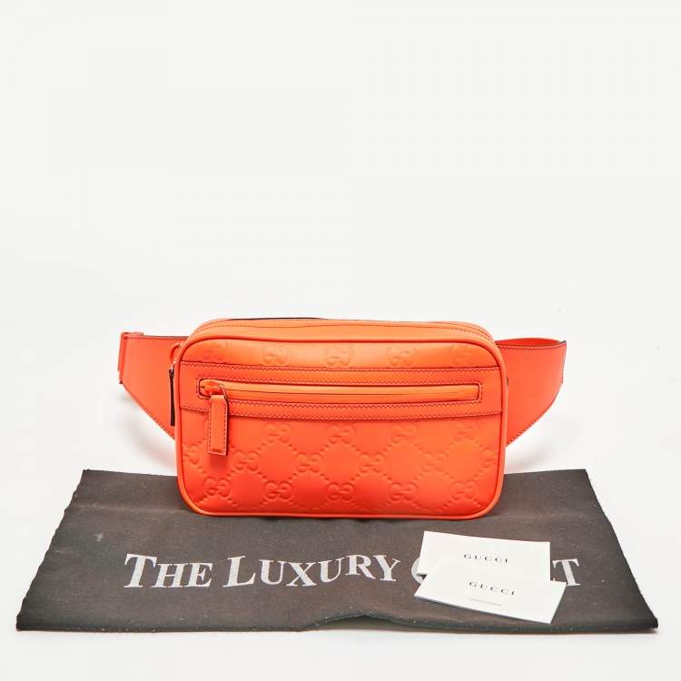 Pre Owned Gucci Neon Orange Rubber Effect Guccissima Leather Small Belt Bag