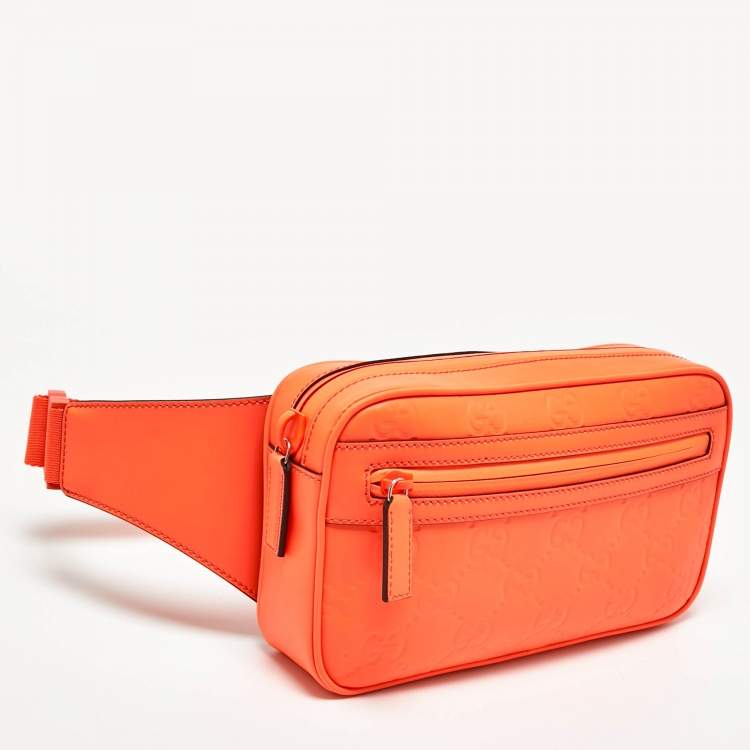 Pre Owned Gucci Neon Orange Rubber Effect Guccissima Leather Small Belt Bag