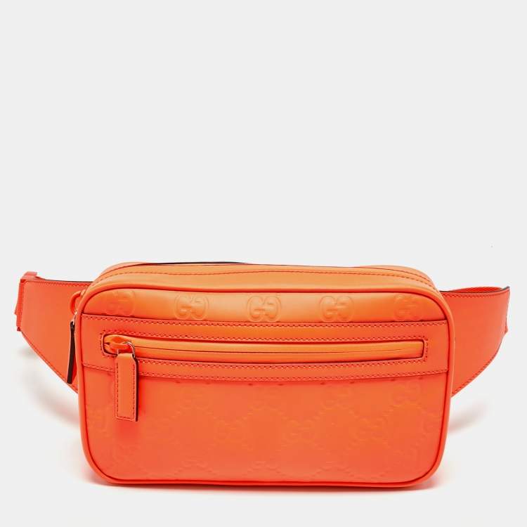 Pre Owned Gucci Neon Orange Rubber Effect Guccissima Leather Small Belt Bag