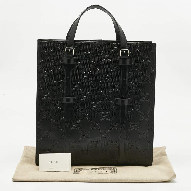 Pre Owned Gucci Black GG Embossed Leather Medium Tote 