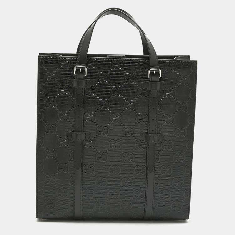 Pre Owned Gucci Black GG Embossed Leather Medium Tote 