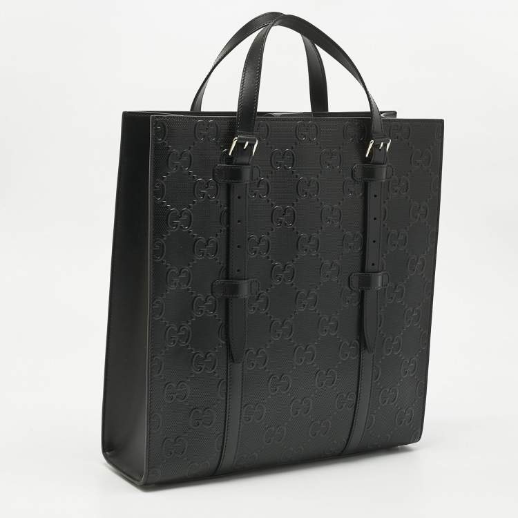 Pre Owned Gucci Black GG Embossed Leather Medium Tote 