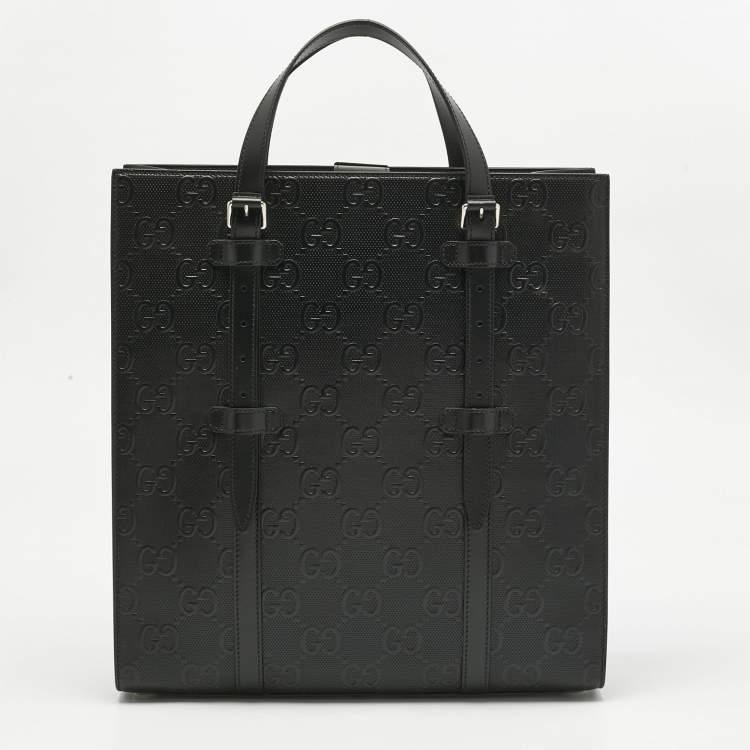 Pre Owned Gucci Black GG Embossed Leather Medium Tote 