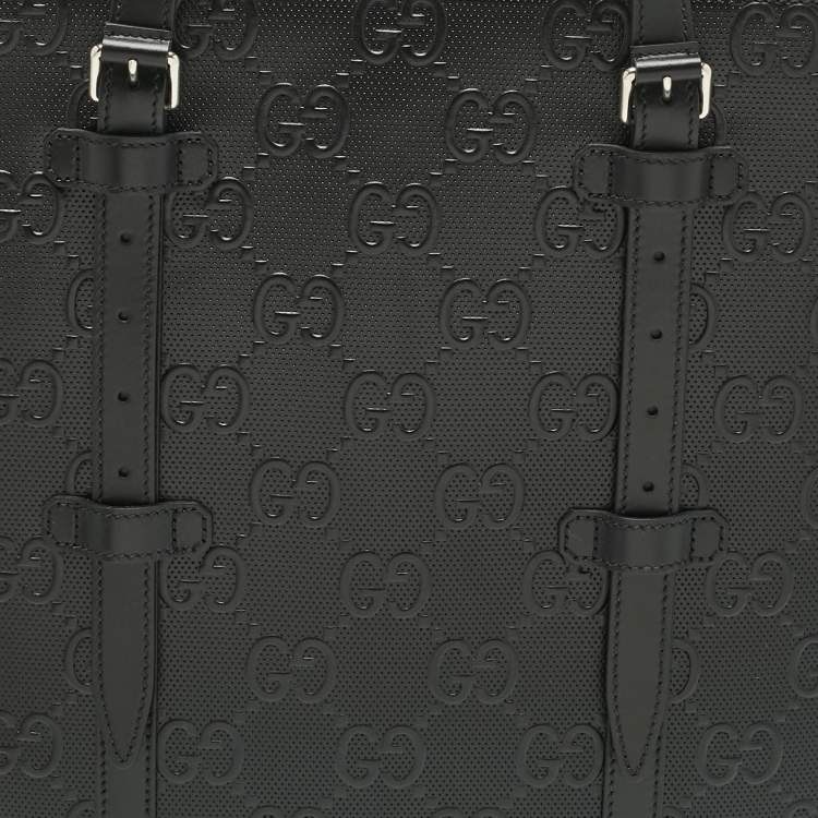 Pre Owned Gucci Black GG Embossed Leather Medium Tote 