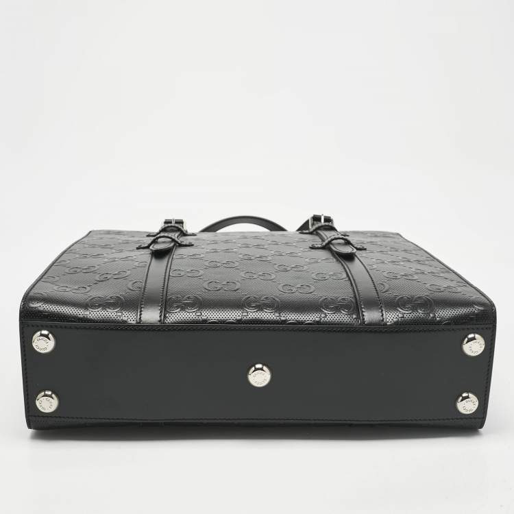 Pre Owned Gucci Black GG Embossed Leather Medium Tote 