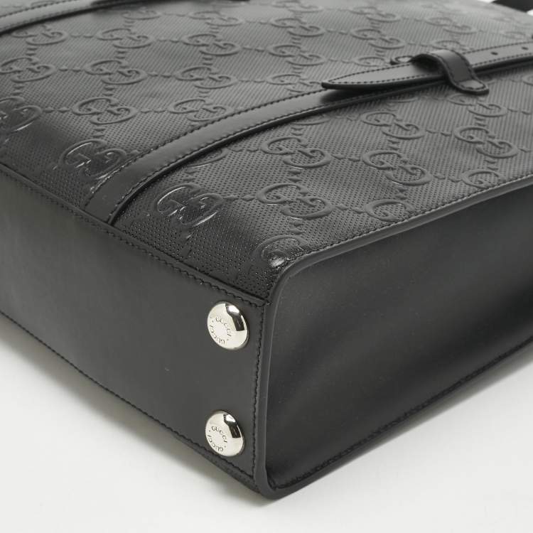Pre Owned Gucci Black GG Embossed Leather Medium Tote 