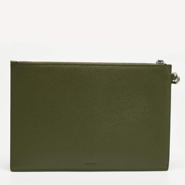 Pre Owned Gucci Fatigue Green Leather GG Marmont Pouch
