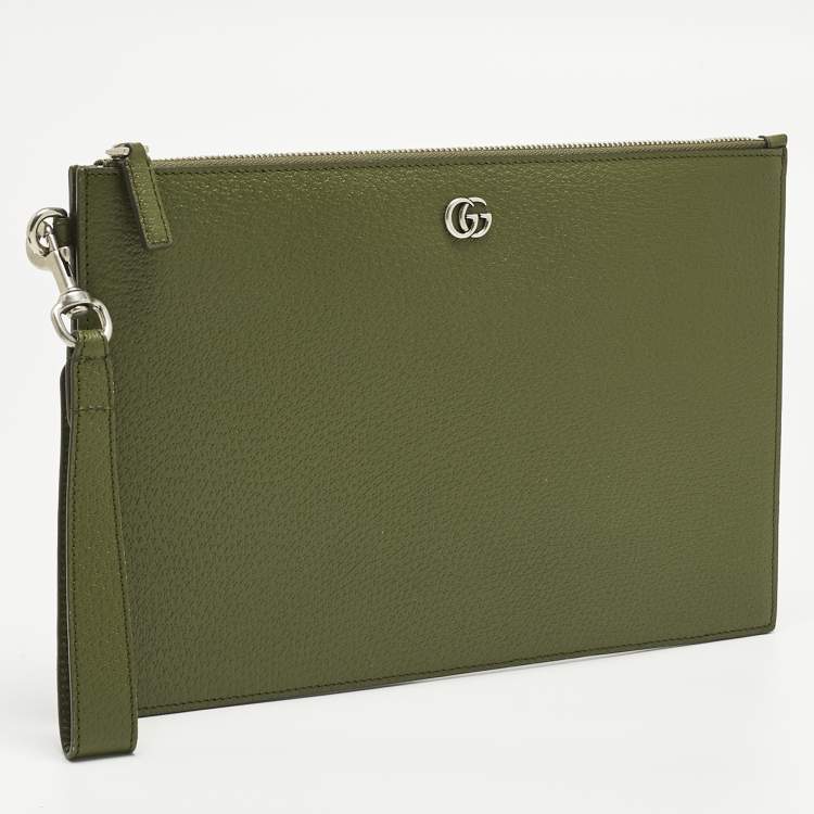 Pre Owned Gucci Fatigue Green Leather GG Marmont Pouch