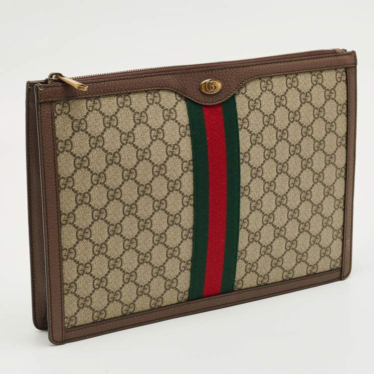 Pre Owned Gucci Brown/Beige GG Supreme Canvas Web Ophidia Portfolio Pouch