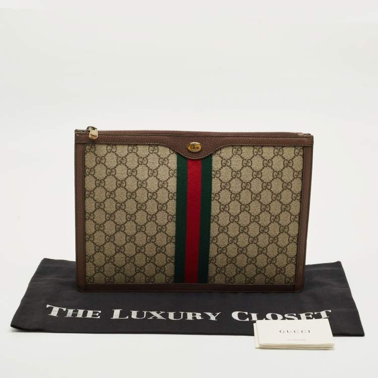 Pre Owned Gucci Brown/Beige GG Supreme Canvas Web Ophidia Portfolio Pouch