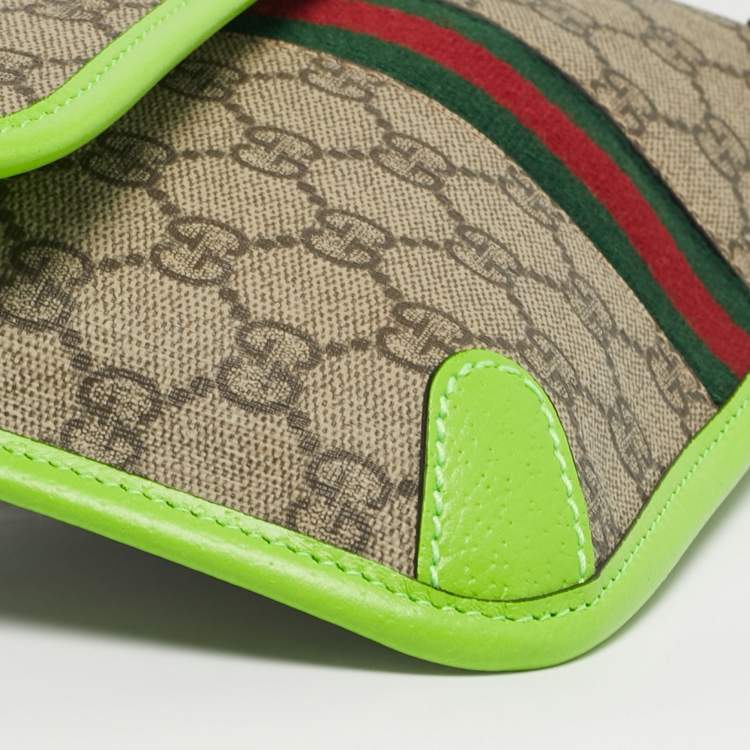 Pre Owned Gucci Neon Green/Beige GG Supreme Canvas and Leather Ophidia Belt Bag