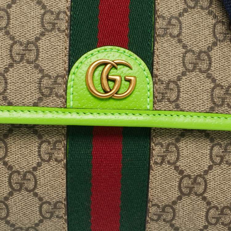 Pre Owned Gucci Neon Green/Beige GG Supreme Canvas and Leather Ophidia Belt Bag