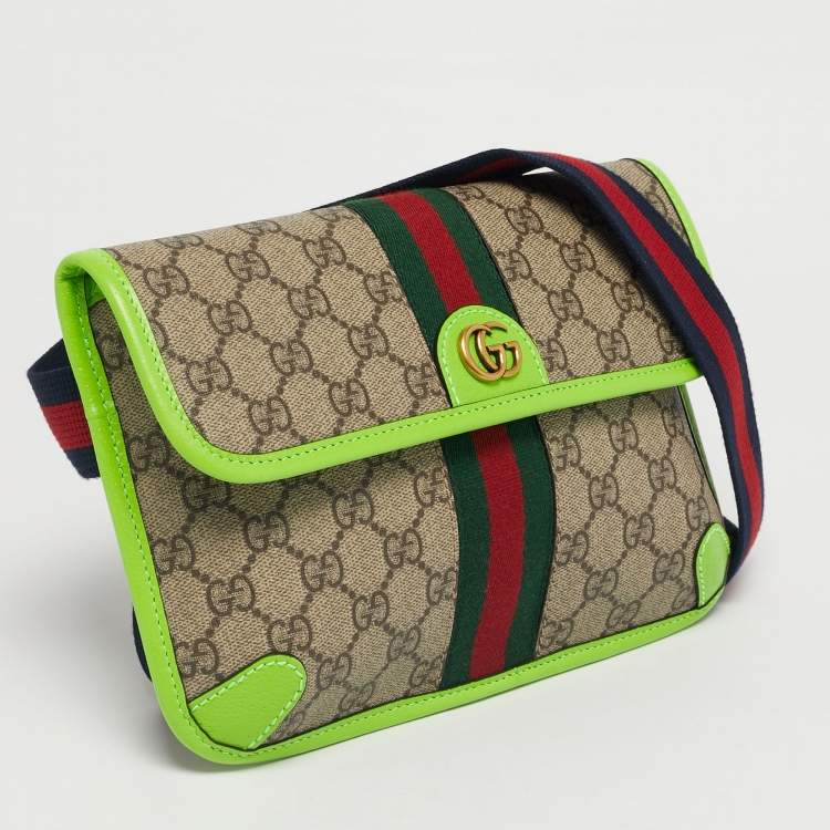 Pre Owned Gucci Neon Green/Beige GG Supreme Canvas and Leather Ophidia Belt Bag