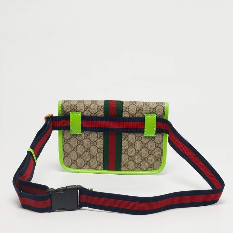 Pre Owned Gucci Neon Green/Beige GG Supreme Canvas and Leather Ophidia Belt Bag
